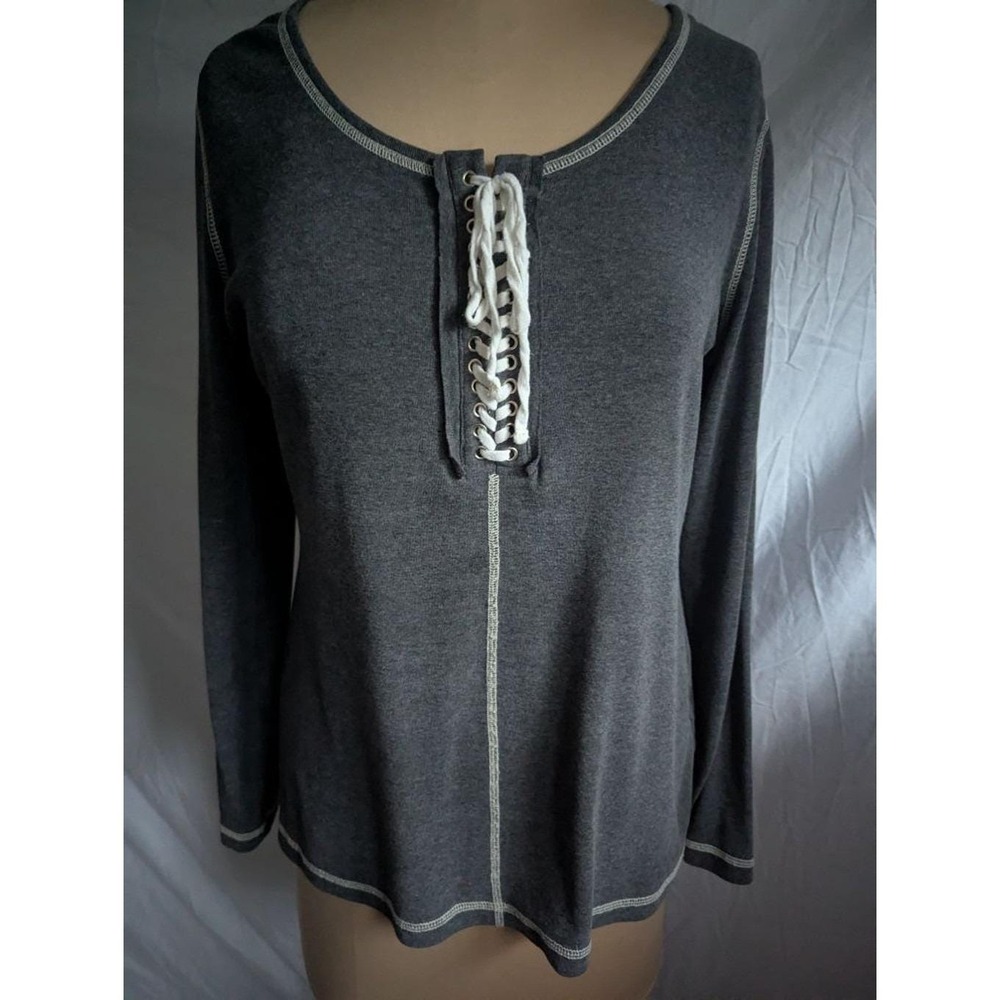 Venus Lace Up Top Gray Contrast Stitch Long Sleeve Henley Measures Sz M Casual